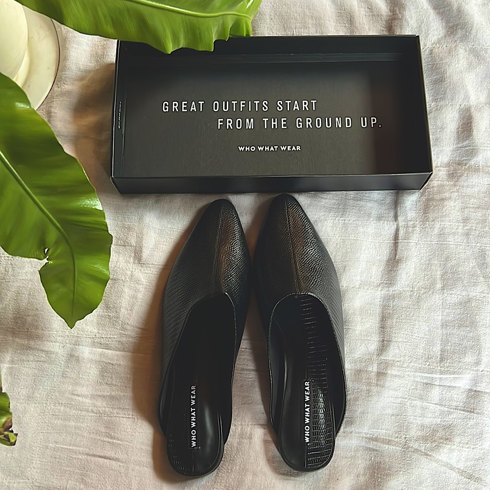 Who What Where Black Faux Leather Mules Snakeskin Print NWT